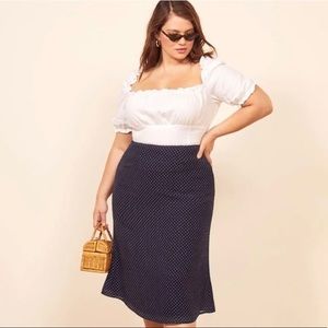 Reformation Navy Polka Dot Mia Skirt- size 18